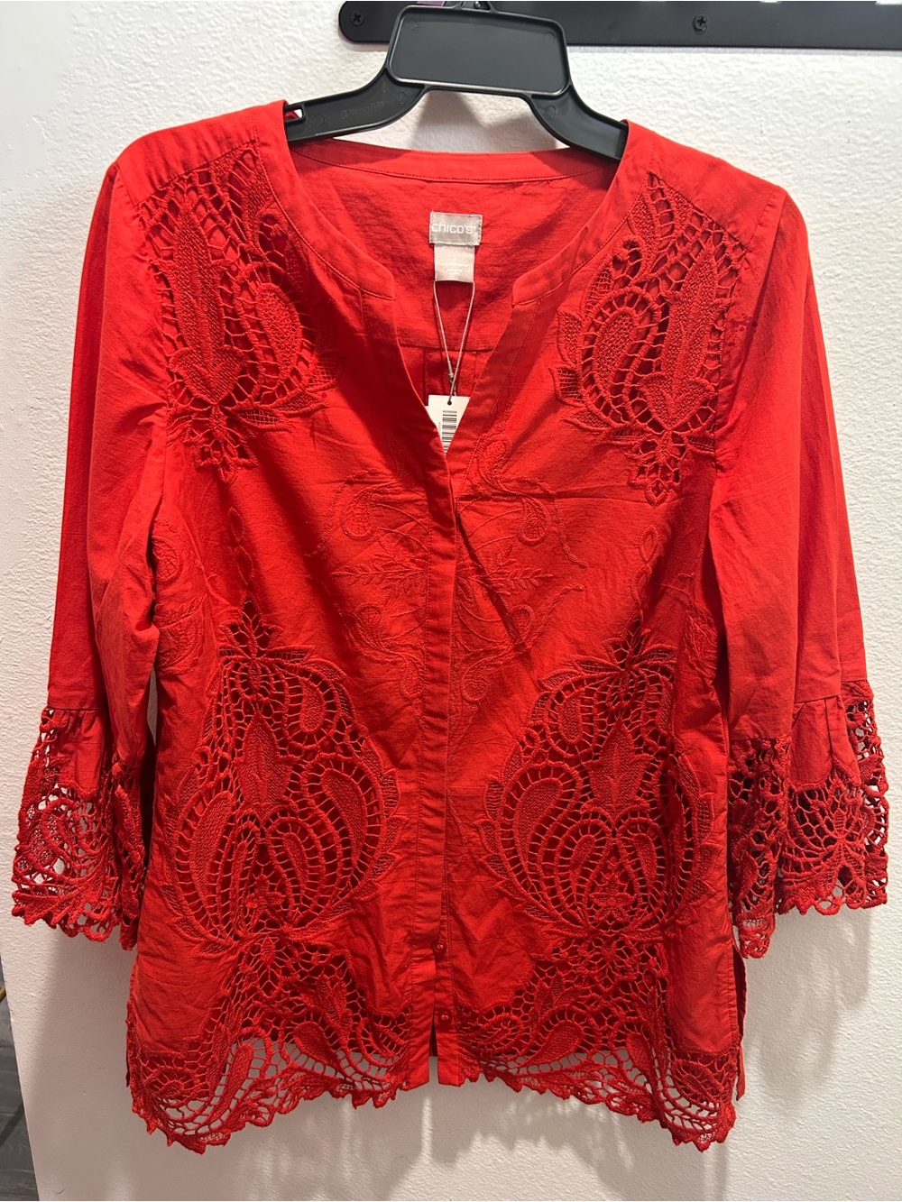 Chico's Bright Red Crochet-Trim Embroidered Blouse
